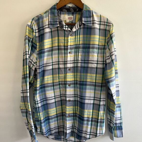 1901 Blue Green Yellow Plaid Button Down Collared Shirt Nordstroms Men's Medium - Picture 3 of 16